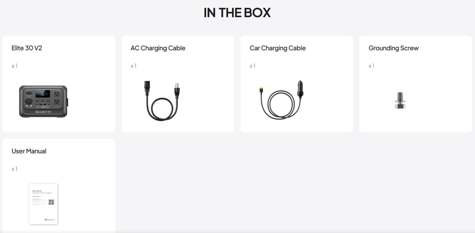 BLUETTI Elite 30 V2 kutu içeriği taşınabilir güç istasyonu AC şarj kablosu araç şarj kablosu kullanım kılavuzu