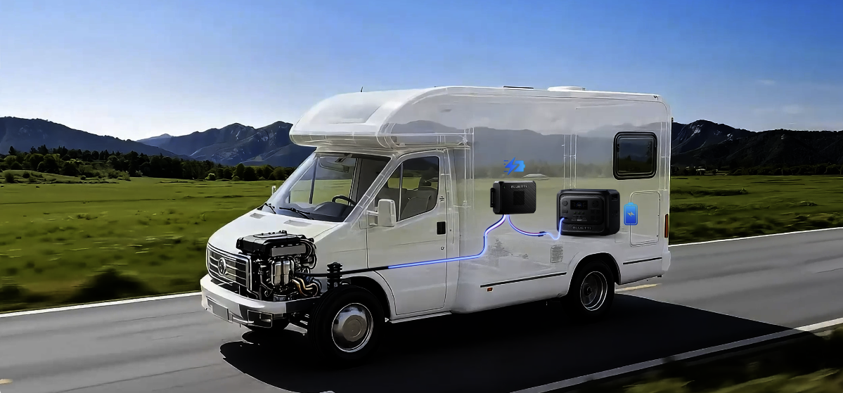BLUETTI Elite 300 taşınabilir güç istasyonu araçtan DC-DC şarj ile karavan enerji sistemi kullanım senaryosu